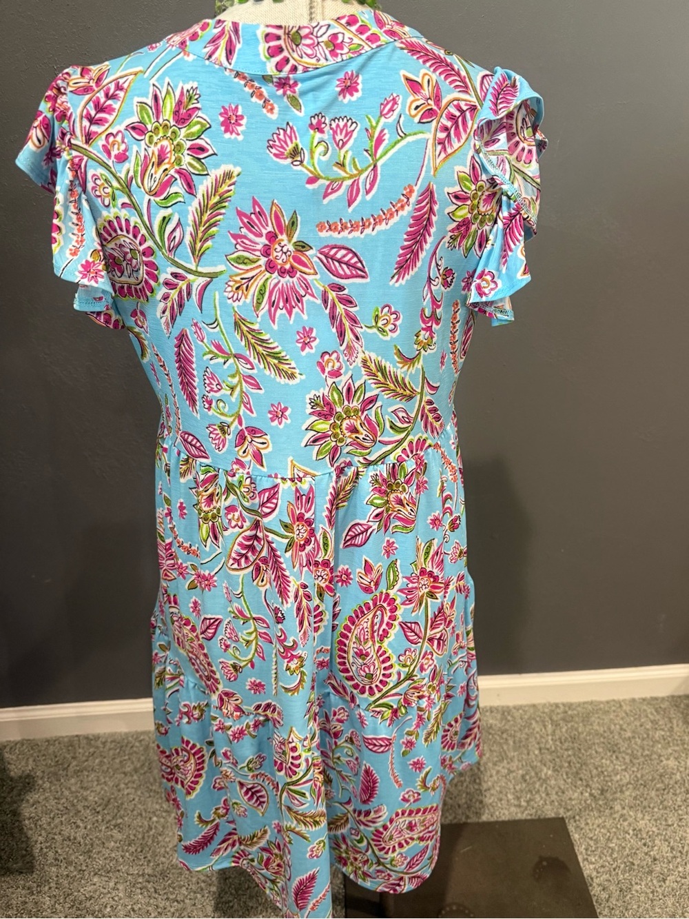 Light Blue Paisley V-Neck Tiered Mini Dress - Picture 5 of 7